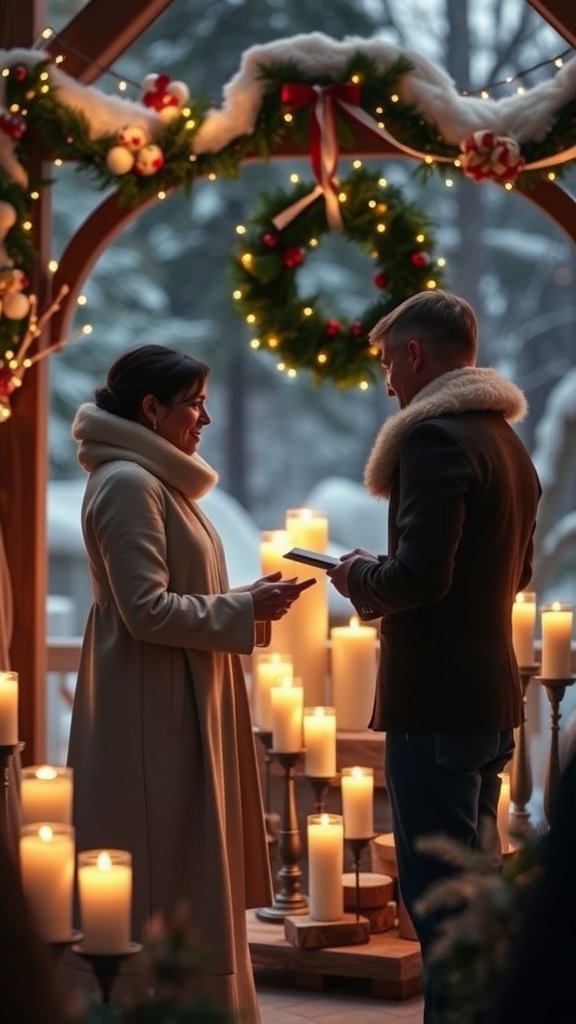A couple exchanging vows in a winter wedding ceremony, surrounded by candles and holiday decorations.