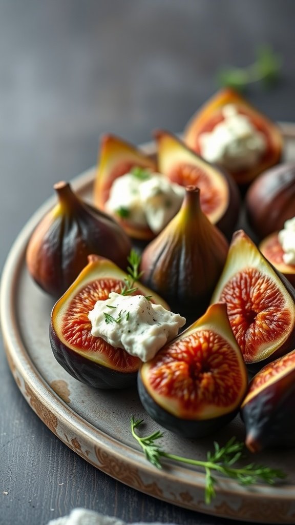 Herbed goat cheese stuffed figs on a plate, garnished with herbs.