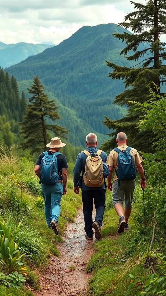 Three men hiking on a scenic trail surrounded by mountains and trees.