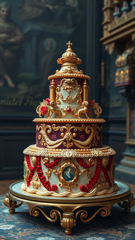 A beautifully decorated Rococo cake with ornate designs.