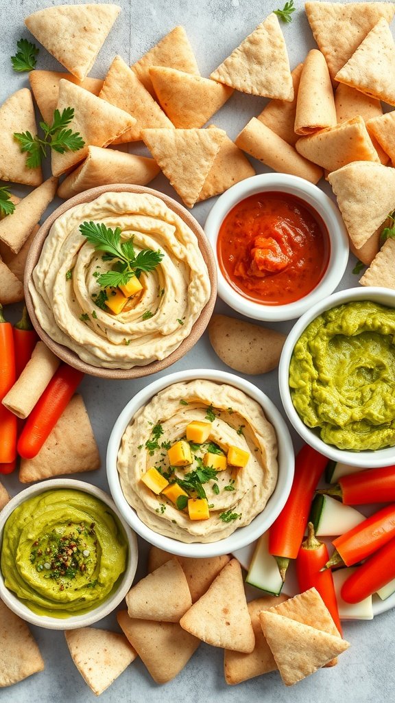 A display of homemade dips including hummus, guacamole, and salsa, accompanied by pita chips and fresh vegetable sticks.