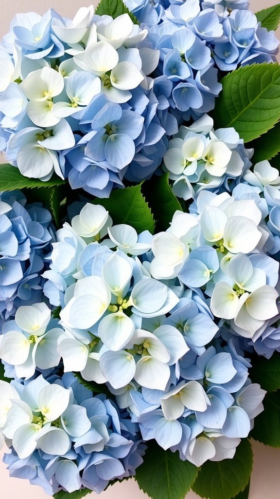 A close-up of blue and white hydrangea flowers with lush green leaves.