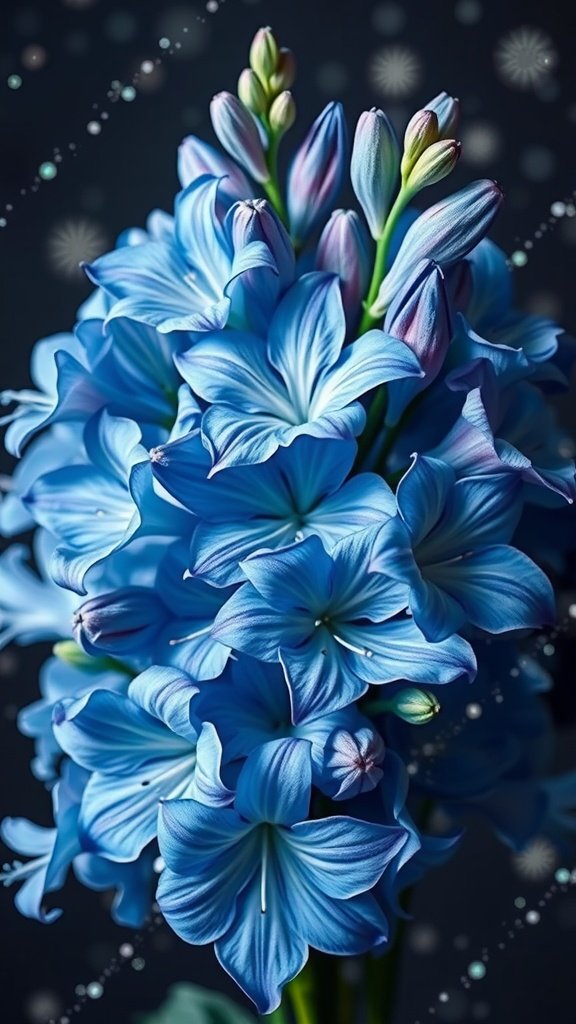 A bouquet of icy blue delphiniums against a dark background