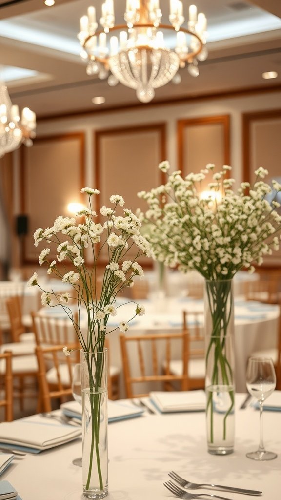 Elegant table setting with baby’s breath centerpieces in tall vases.