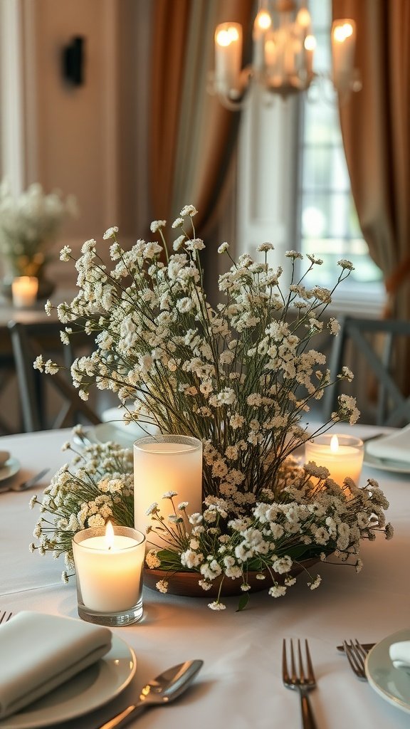 A beautifully arranged centerpiece featuring baby’s breath flowers and glowing candles on a dining table.