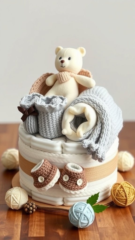 A mini diaper cake featuring a teddy bear, knitted items, and decorative elements.