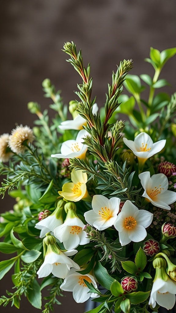 A bouquet featuring white flowers and green herbs like rosemary, showcasing the beauty of spring wedding flowers.