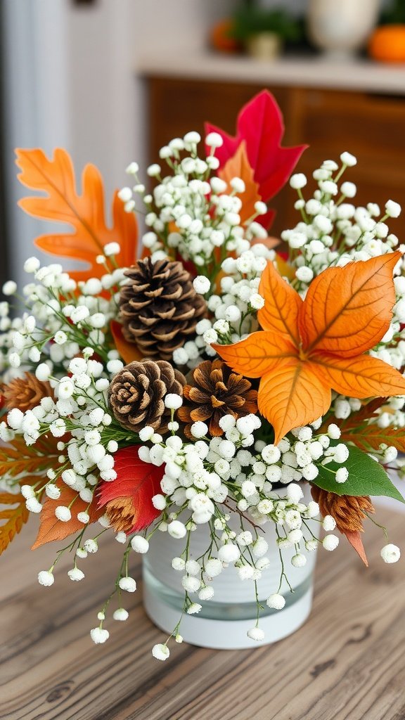 A fall-themed centerpiece featuring baby’s breath, colorful leaves, and pine cones in a glass vase.