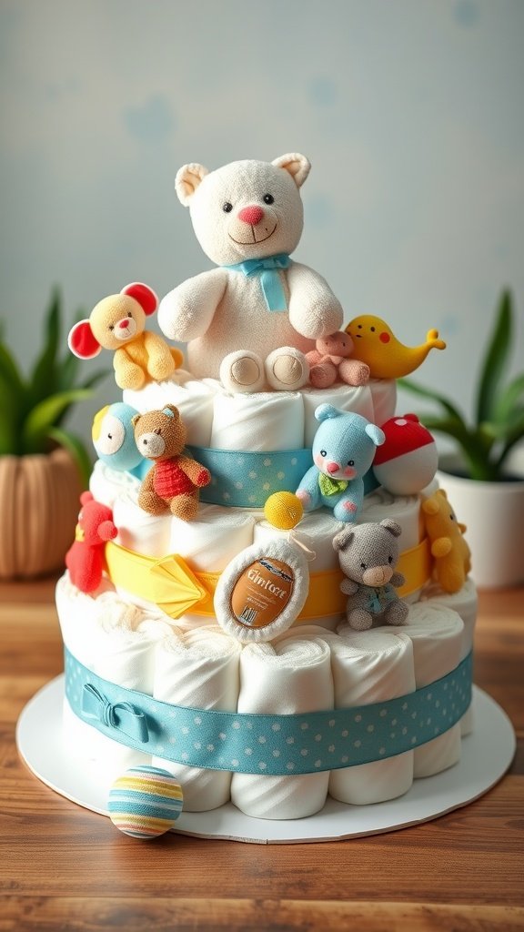 A decorative mini diaper cake with plush toys on top, featuring colorful ribbons and accessories.