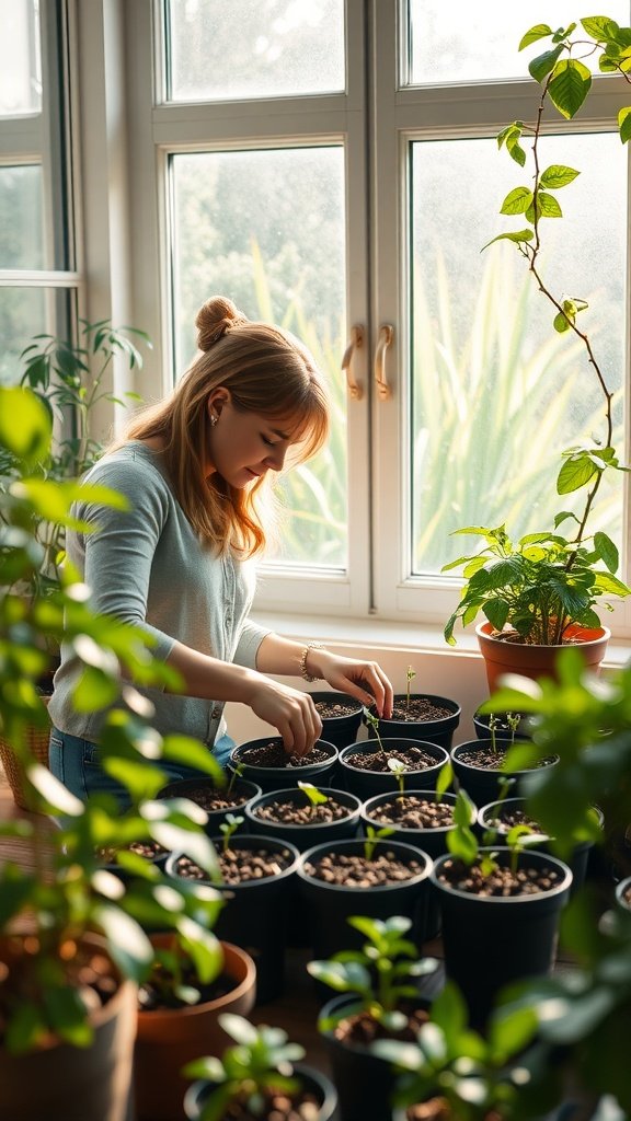 A woman tending to young plants in pots near a window filled with sunlight.