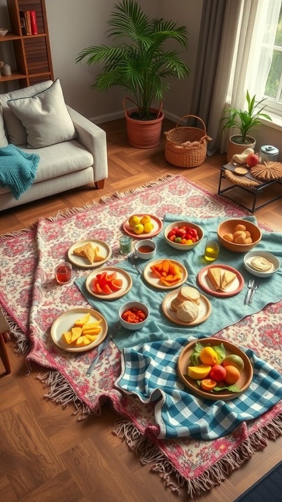 A cozy indoor picnic setup with a variety of fruits, bread, and drinks on a blanket on the floor. Indoor Date Ideas