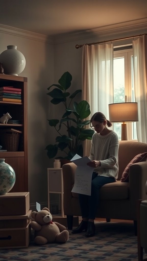 A person sitting in a cozy living room, holding papers and planning an indoor scavenger hunt.