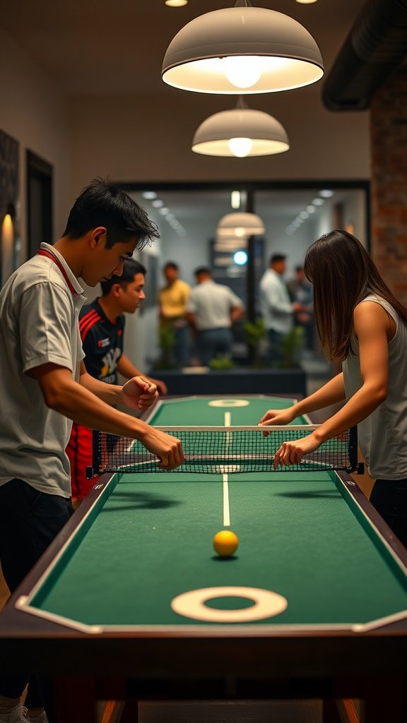 A scene showing two people playing a table sport indoors with a lively atmosphere.