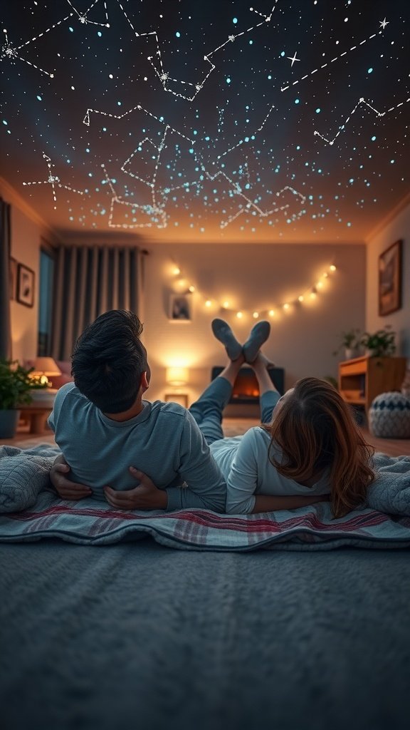 A couple lying on a blanket, gazing at a starry ceiling created by a projector.