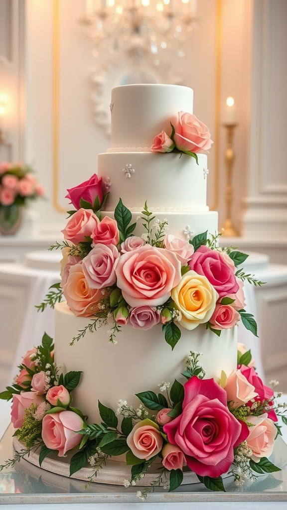 Wedding cake decorated with vibrant flowers and greenery.