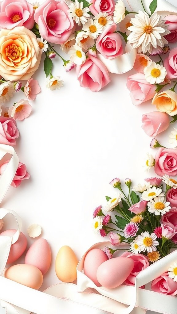 Colorful Easter-themed invitation design with flowers and eggs.