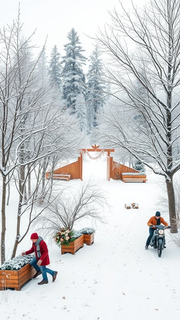 A snowy winter wedding scene with a couple tending to flowers in planters along a pathway.