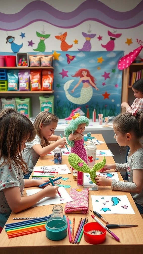 Children enjoying craft stations at a mermaid party, coloring and creating under a colorful sea-themed backdrop.