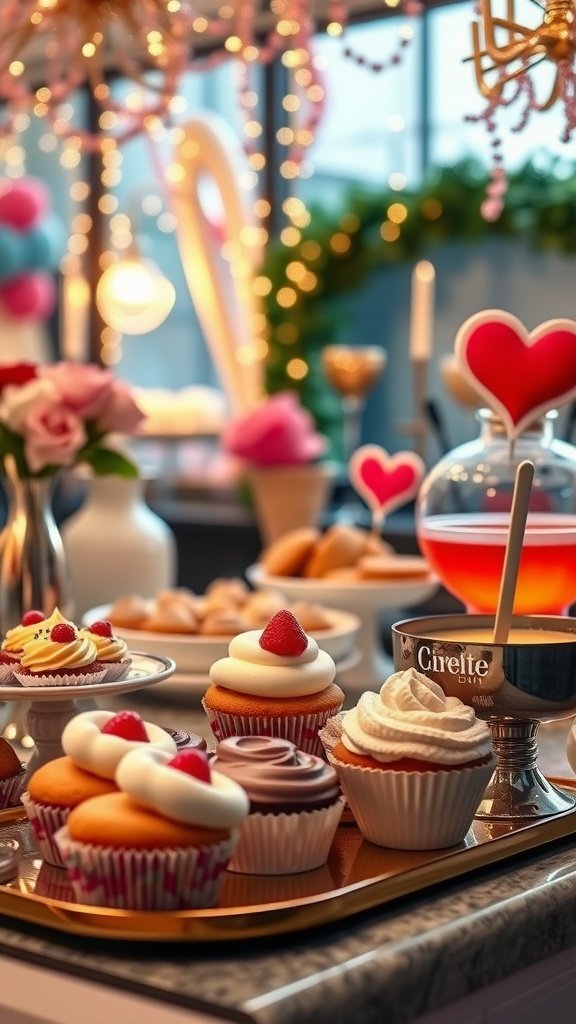 A beautifully arranged dessert bar featuring cupcakes, treats, and a punch bowl, decorated for Valentine's Day.