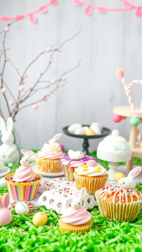 Colorful dessert decorating station with cupcakes, sprinkles, and bunny decorations for an Easter tea party.