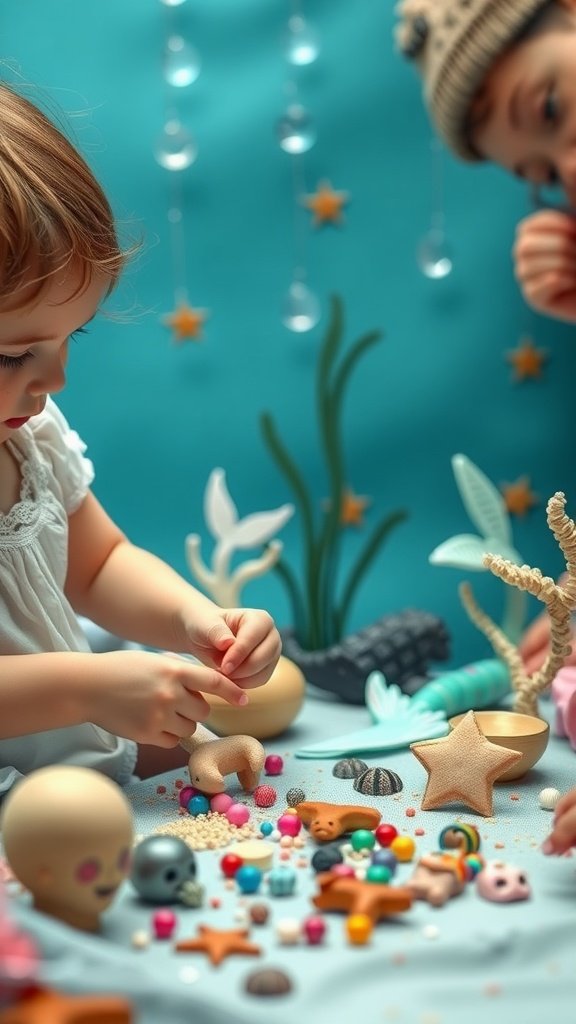 Children crafting mermaid-themed decorations with colorful beads and sea creature figures