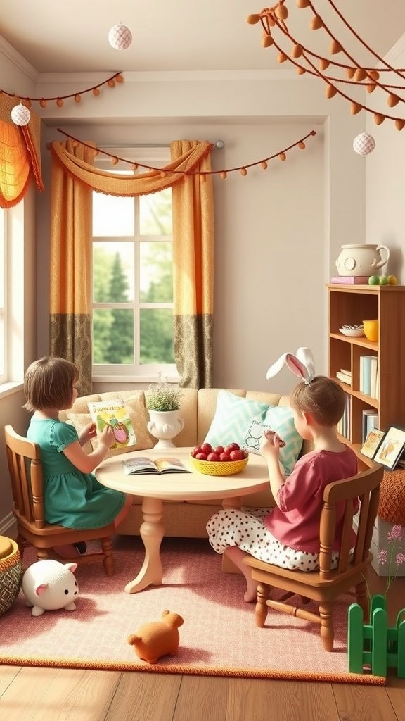A cozy storytelling corner for kids with two children reading and drawing, surrounded by Easter decorations.