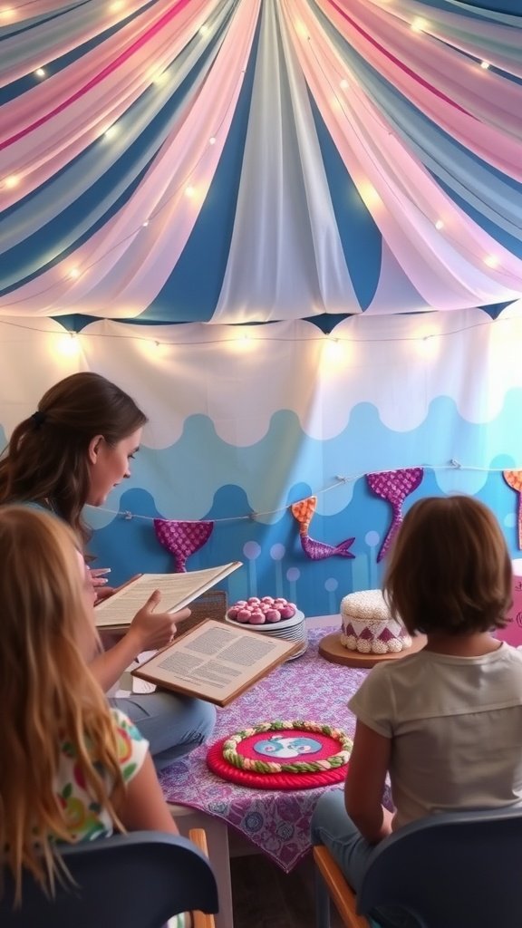 Children sitting in a circle around a storyteller at a mermaid party, with colorful drapery and soft lighting.