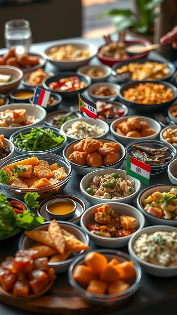 A grazing table filled with international cuisine featuring small bowls of different dishes, each with flags representing their country.