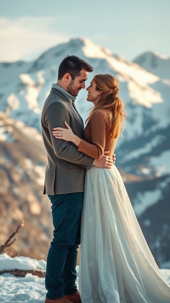 A couple embracing in a snowy mountain landscape, showcasing a winter wedding vibe