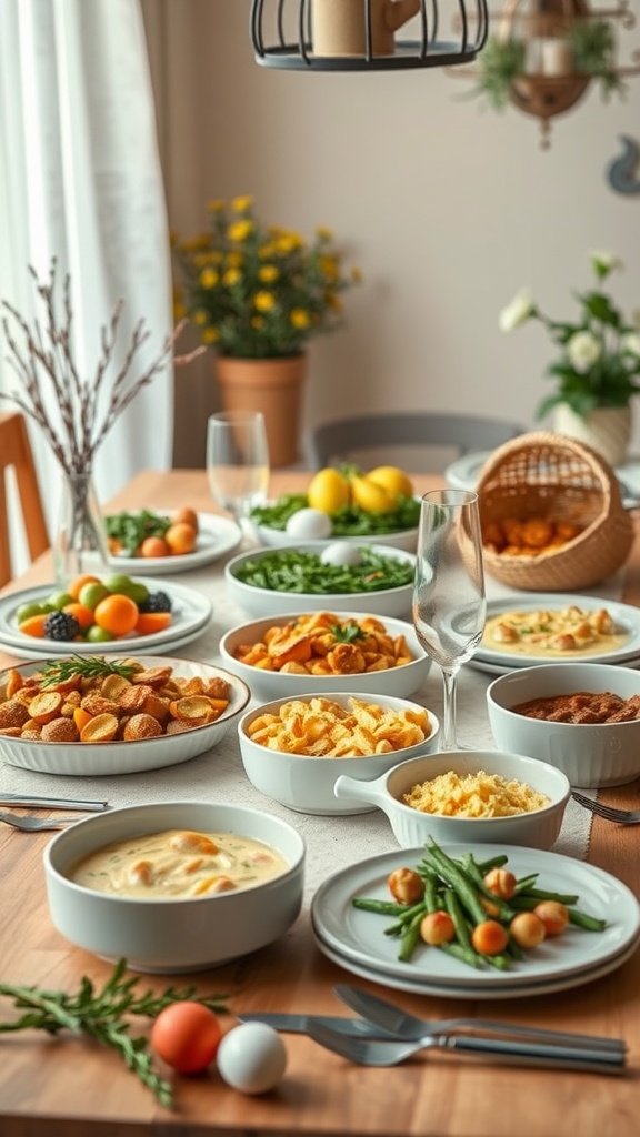 A beautifully arranged Easter tablescape featuring a variety of colorful, inviting dishes and decorations.