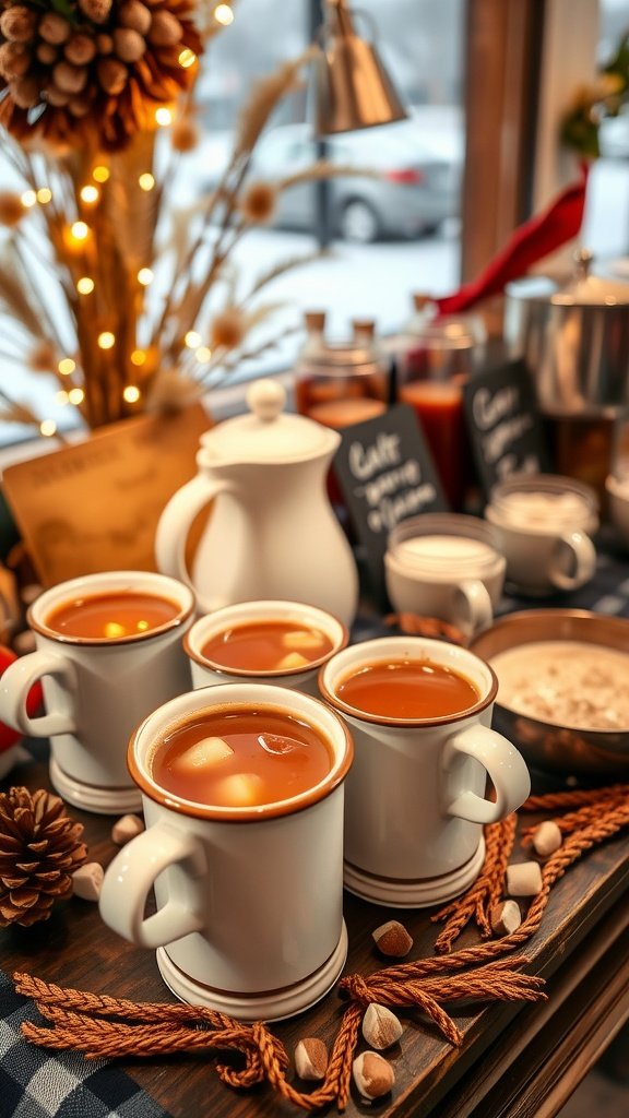 A cozy hot beverage station with mugs filled with warm drinks, surrounded by festive decorations.
