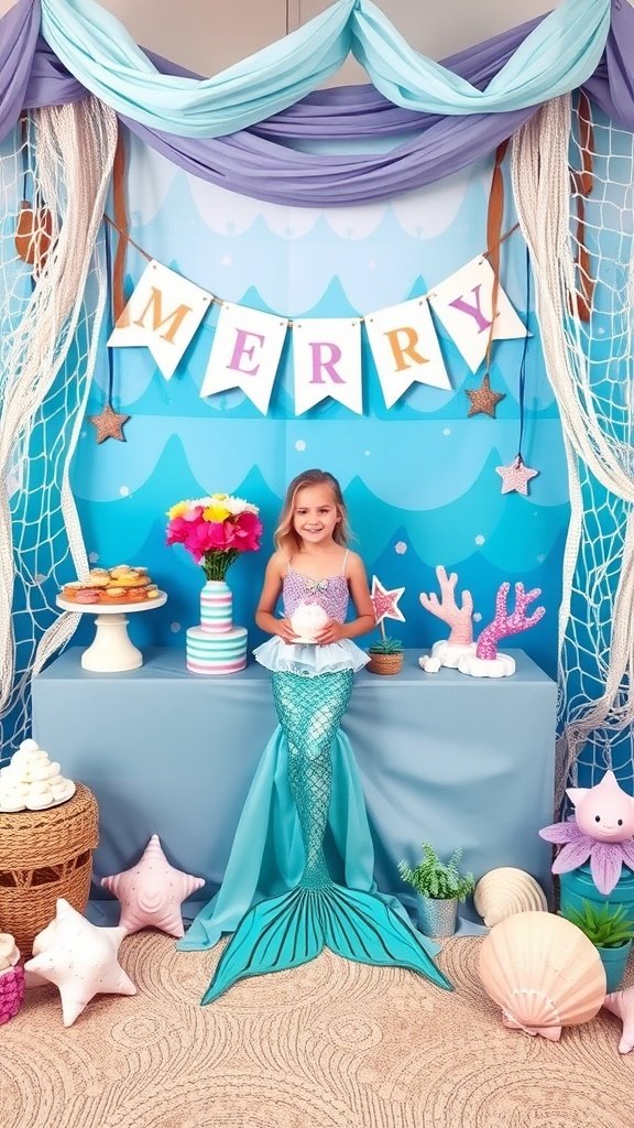 A vibrant mermaid party setup with colorful decorations, a decorated table full of treats, and ocean-themed accents.