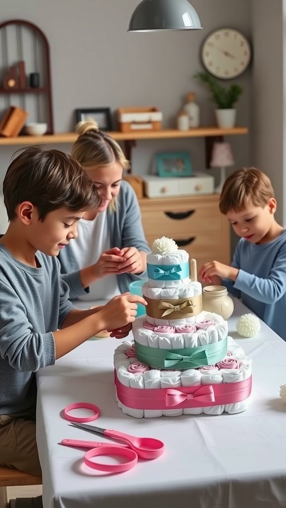 A mother and her two children working on mini diaper cakes at a table, with scissors and decorations around.