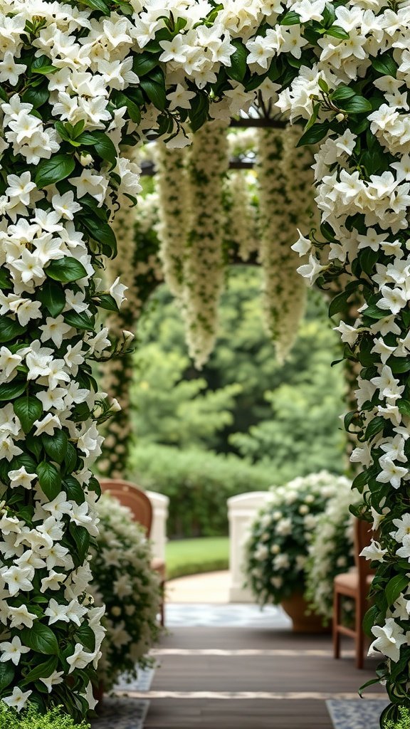 An archway covered in white jasmine flowers, leading to a garden setting for a spring wedding.