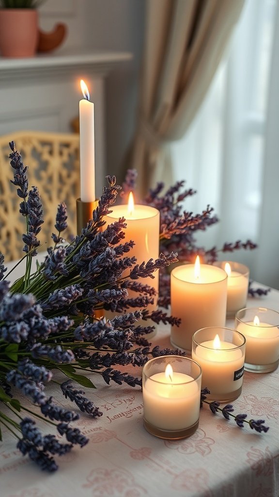 A romantic table setting featuring lavender flowers and lit candles.