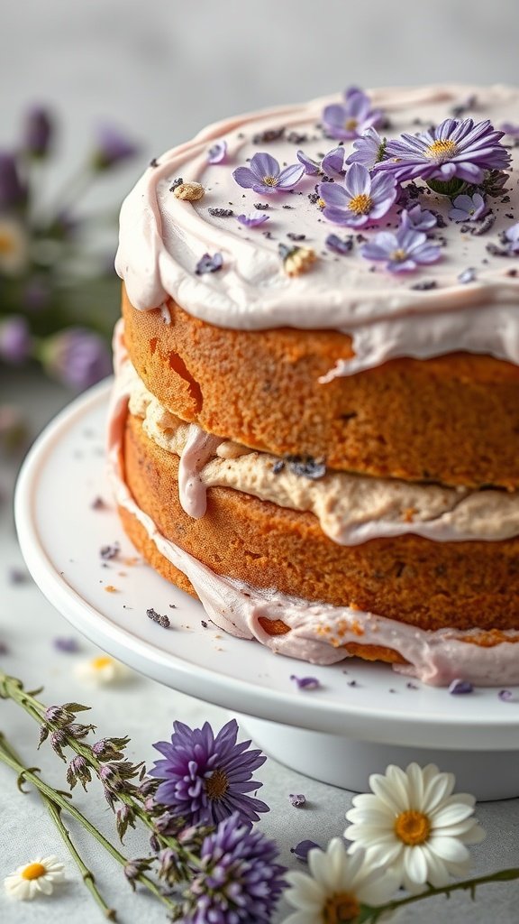A beautifully decorated Lavender Honey Cake topped with edible flowers and lavender sprigs.