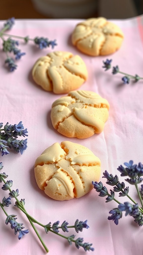 A display of lavender honey cookies on a pink background with lavender flowers.