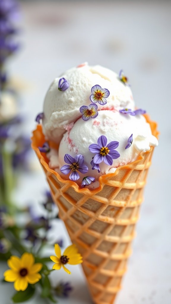 A delicious cone of lavender honey ice cream topped with edible flowers.