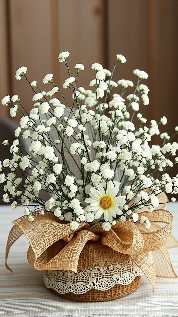 A beautiful centerpiece featuring baby’s breath flowers and a daisy in a rustic basket with a bow.