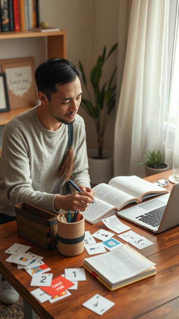 A man studying a new language with flashcards and a laptop in a cozy indoor setting.