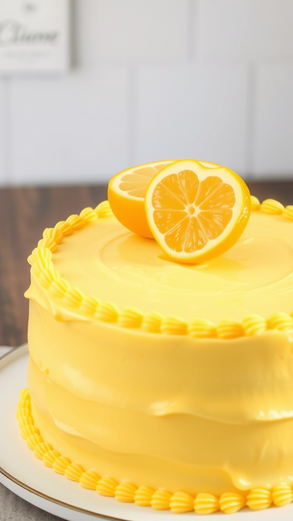 A beautifully layered Lemon Love Cake topped with lemon slices, displayed on a white plate with fresh lemons beside it.