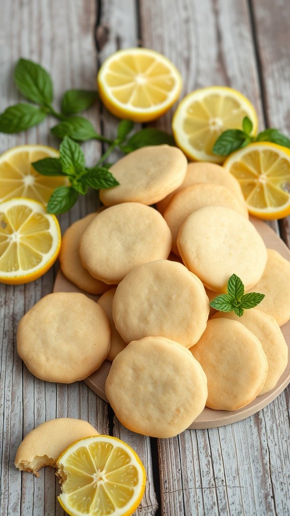 Lemon Zest Shortbread Cookies arranged on a wooden table with lemon slices and mint leaves. Easter Tea Party Cookies