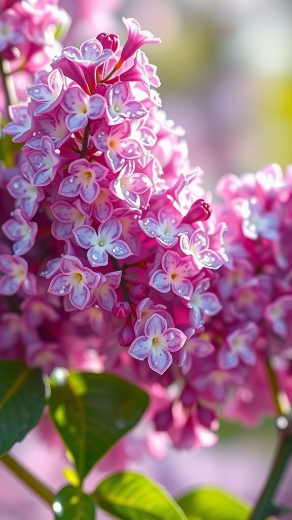 Close-up of purple lilac flowers with water droplets.