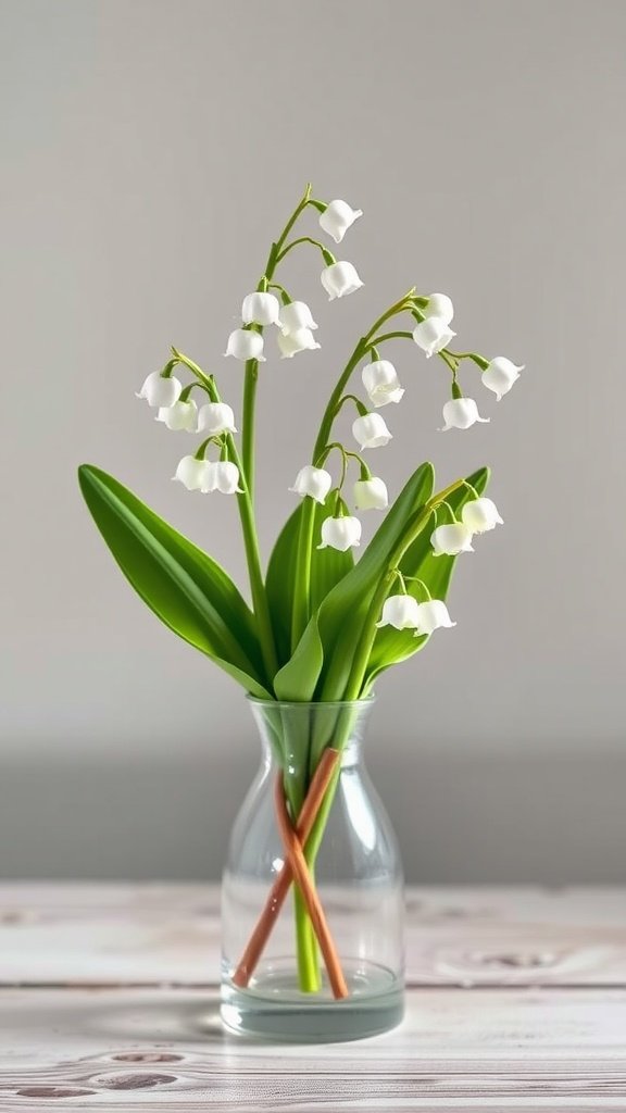 A bouquet of Lily of the Valley in a glass vase with colorful sticks