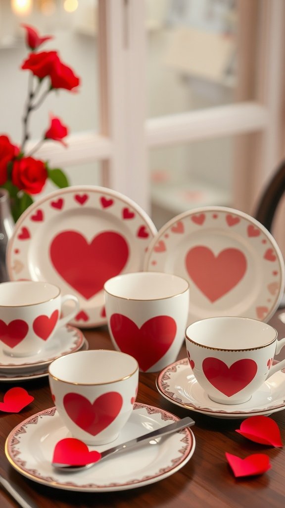 A romantic table setting featuring love-themed dinnerware with heart designs in red, complemented by rose petals.