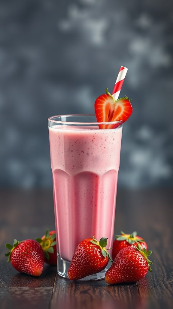 A refreshing pink strawberry smoothie with a strawberry garnish.