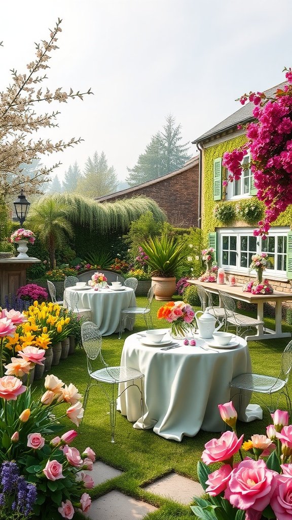 A beautifully arranged garden for an Easter tea party with colorful flowers and elegantly set tables.