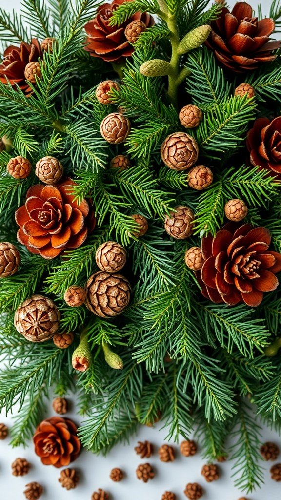 A close-up of a winter flowers bouquet featuring evergreen foliage and pinecones.