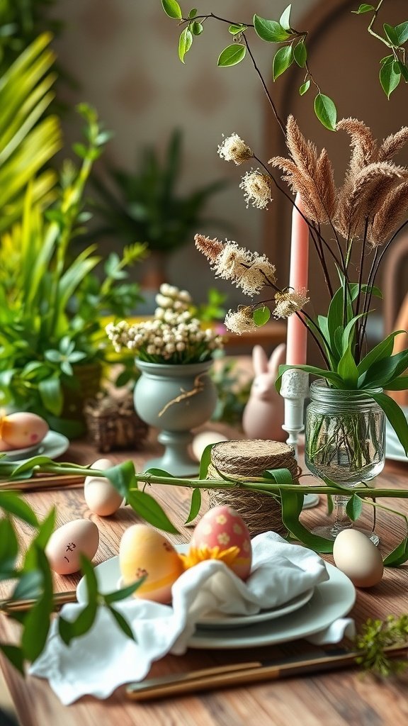 A beautifully arranged Easter tablescape featuring greenery, Easter eggs, and decorative elements.