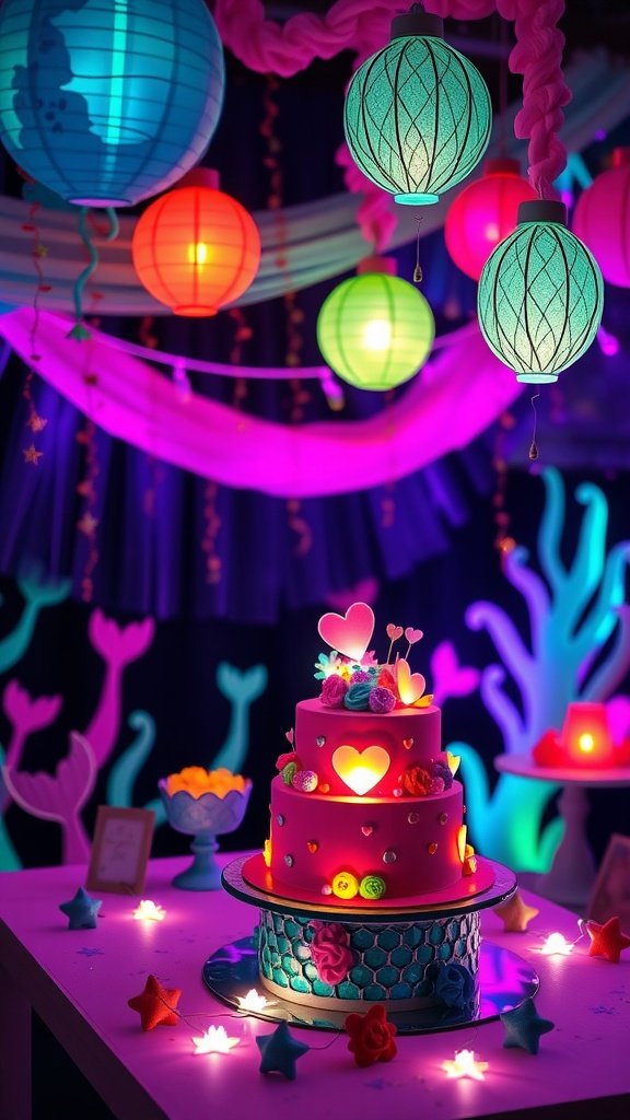 A vibrant and colorful mermaid party setup with glow-in-the-dark decorations, a cake, and themed accents.